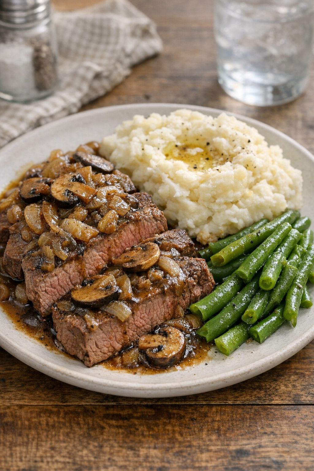 Plated baked beef with mashed potatoes and green beans