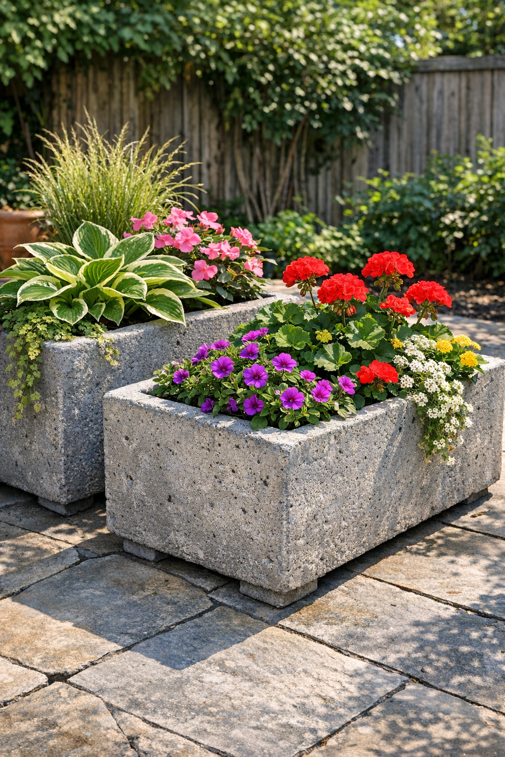 Finished cement yard boxes styled outdoors with plants