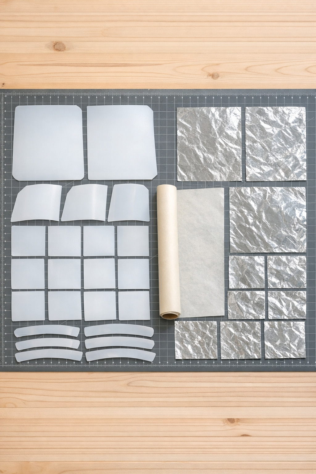 Flattened milk jugs, parchment paper, and aluminum foil laid out for the project