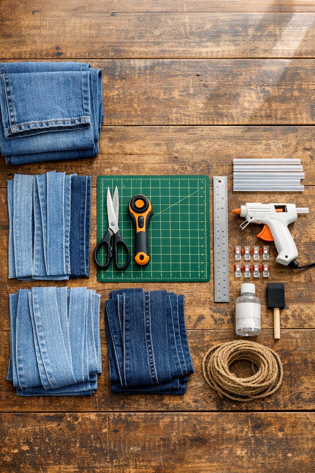 Materials for denim spiral coasters laid out on a work surface