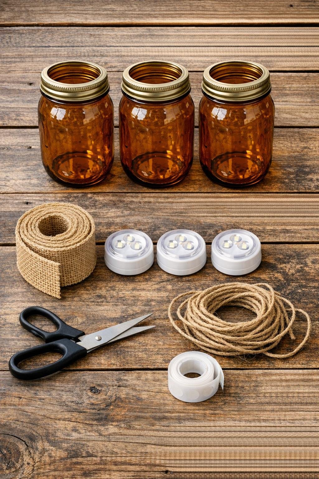 Amber mason jars, puck lights, burlap ribbon, and twine laid out for the project