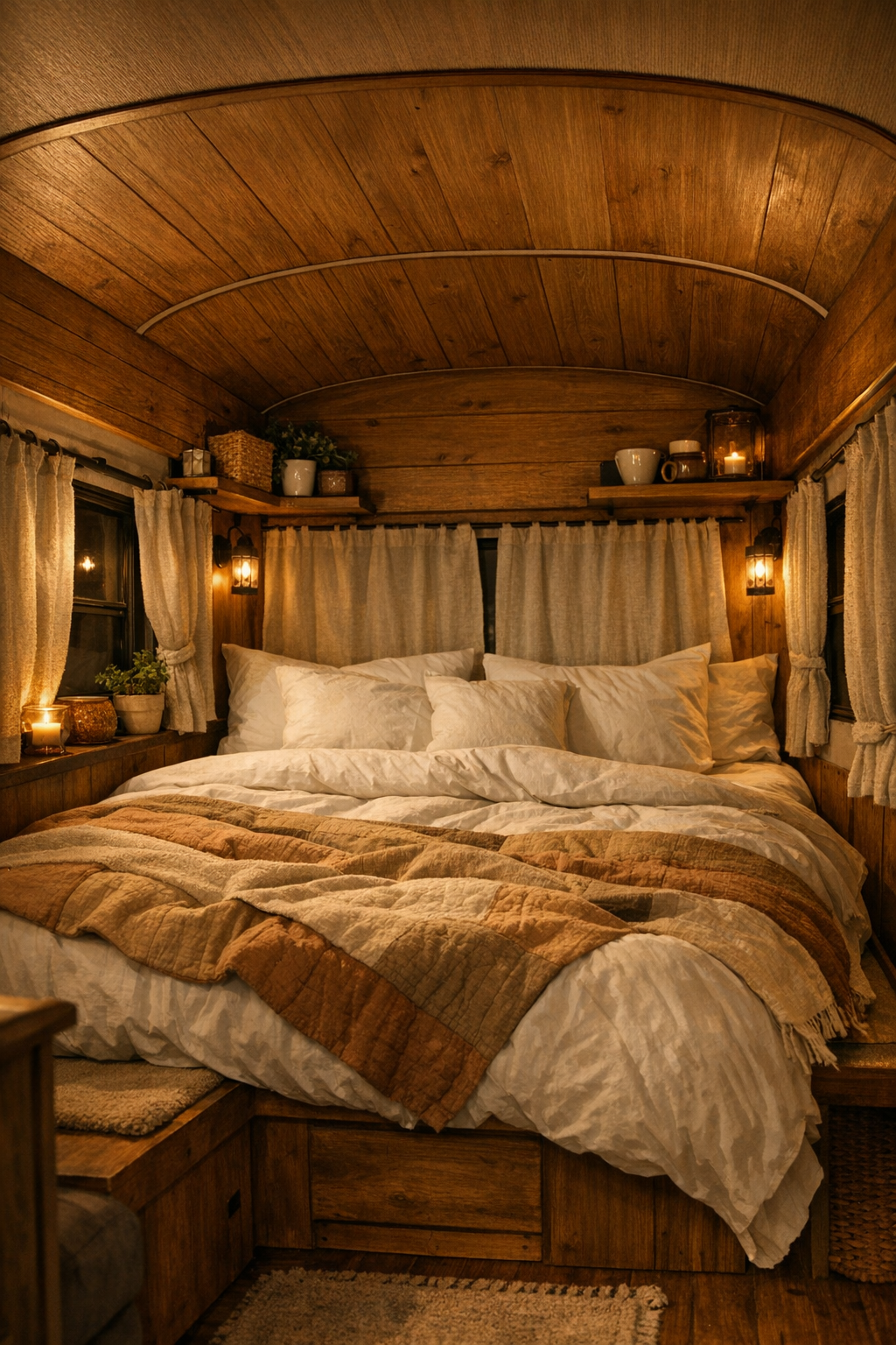 Cozy bedroom with built-in bed, quilted bedding, and warm wood paneling inside a converted bus