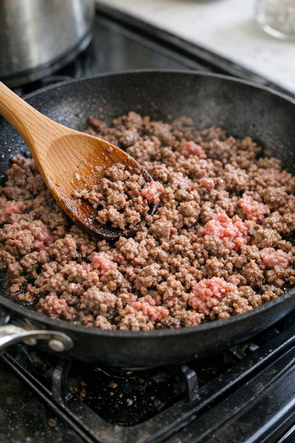 Ground beef browning in a skillet