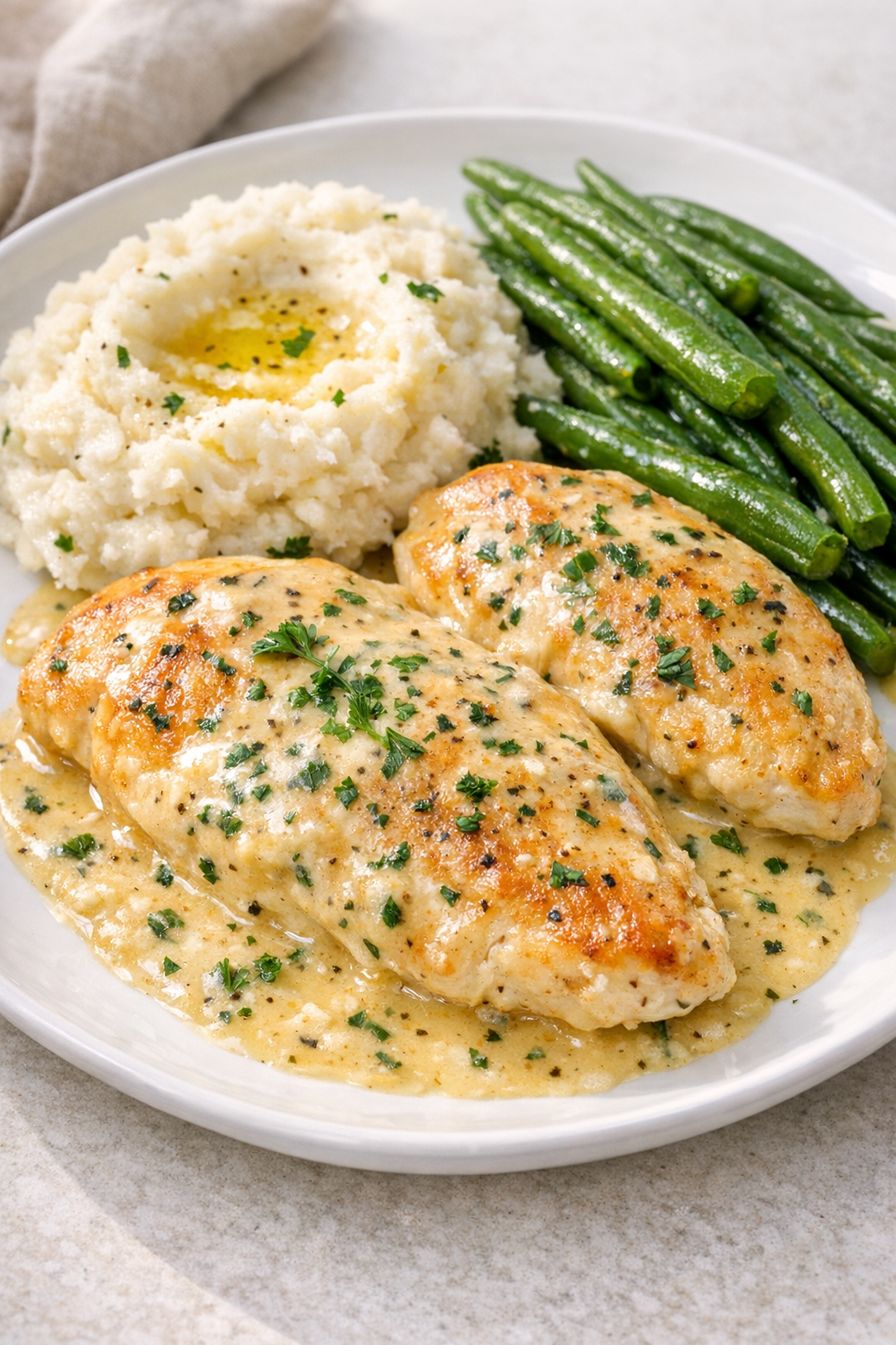 Finished creamy herb butter chicken plated with sides