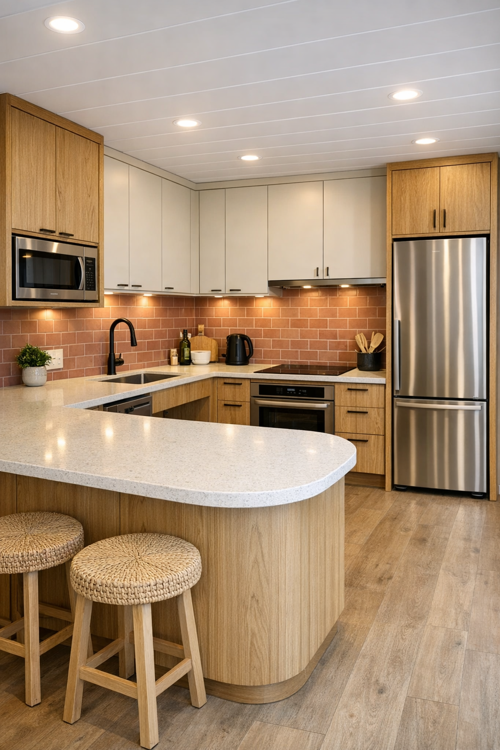 Accessible kitchen with warm oak cabinets, pale quartz, and clay tile backsplash