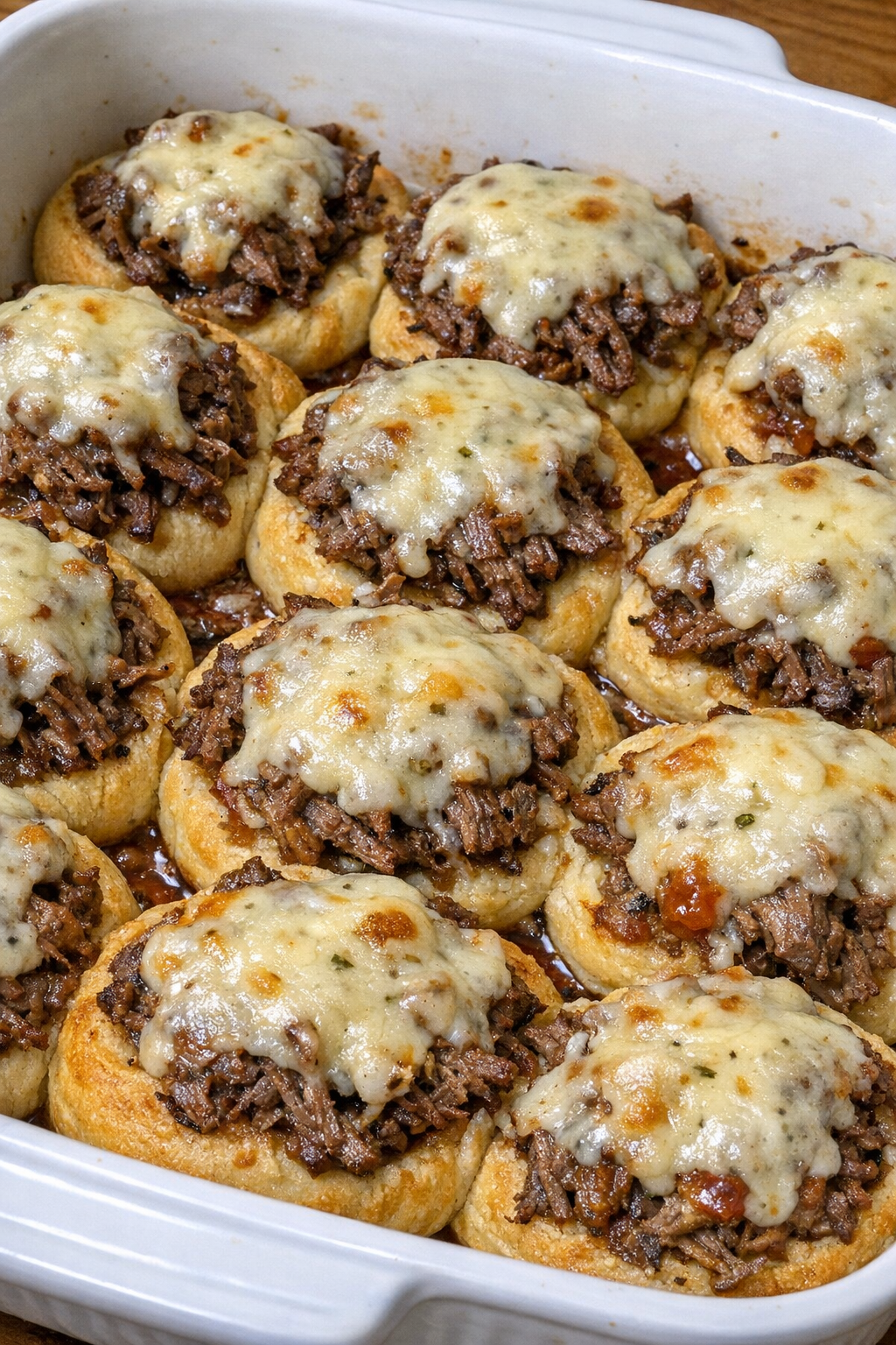 Oven baked beef crescent rounds in a white ceramic baking dish