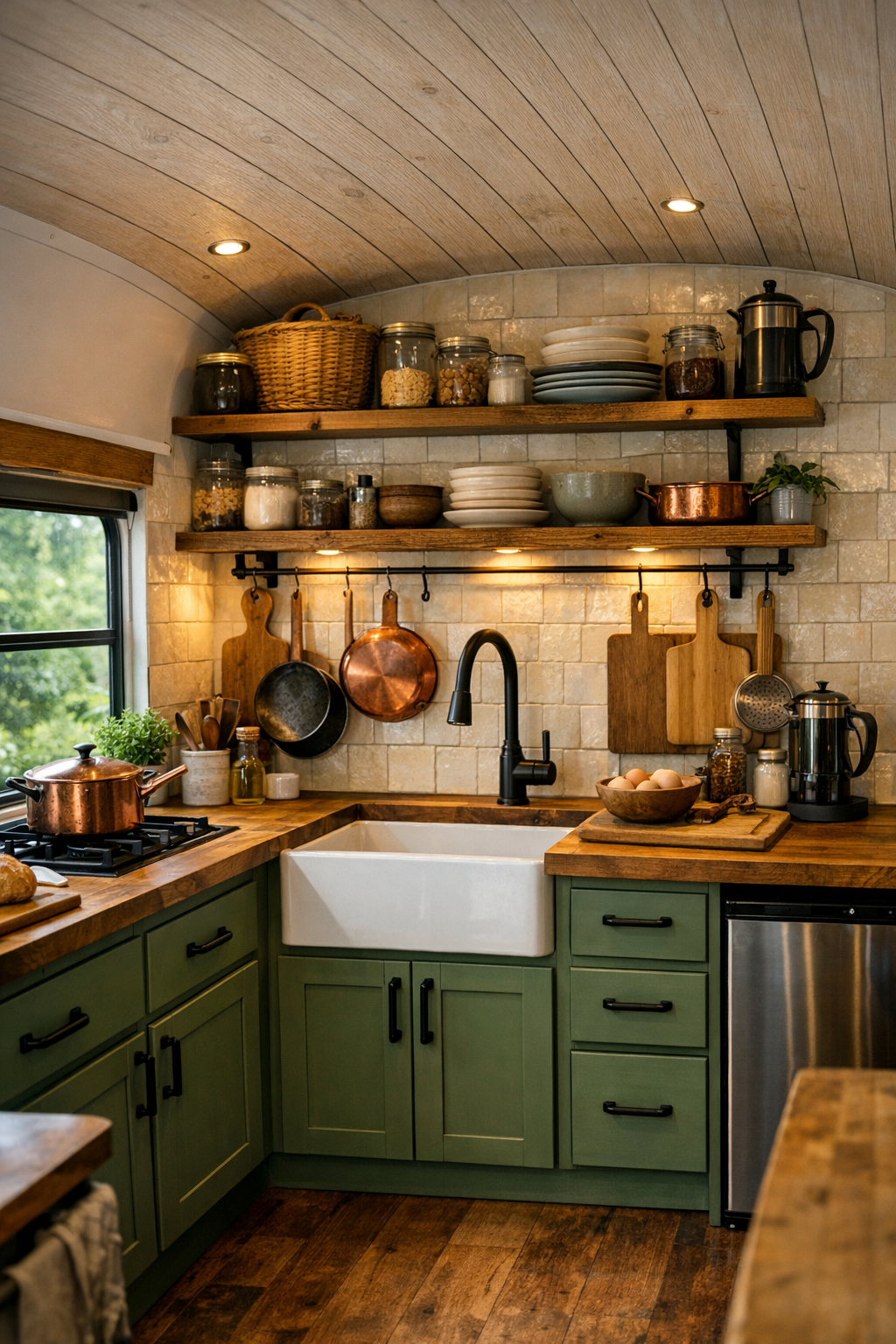 Rustic off-grid bus kitchen with green cabinetry and butcher-block counters