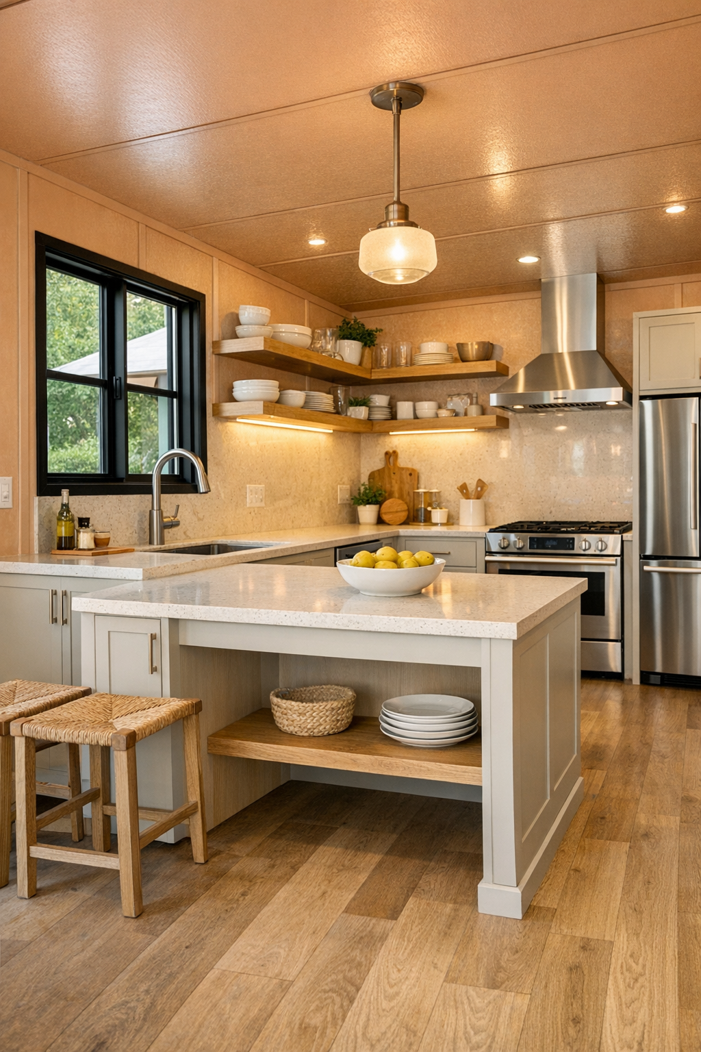 Accessible kitchen with pale cabinetry, oak accents, and bright quartz counters