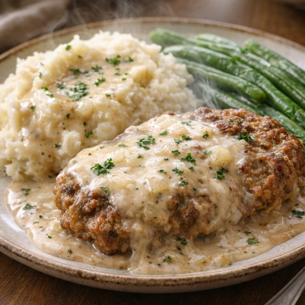 Swiss steak plated with mashed potatoes and creamy gravy