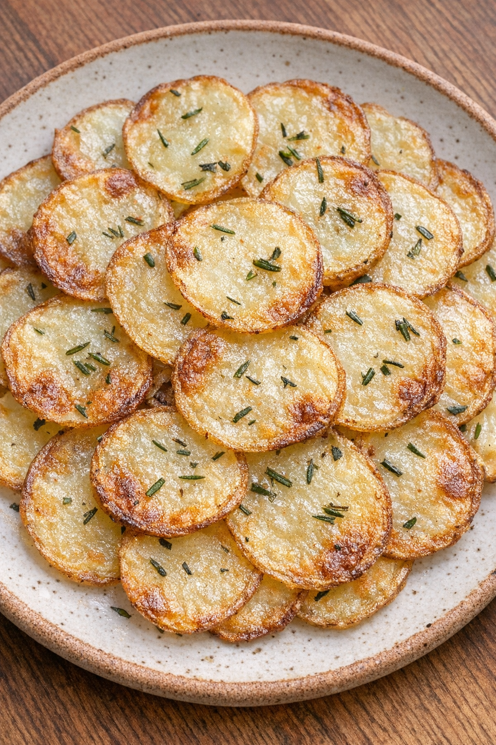 Paper-thin crispy potato rounds with rosemary on a ceramic plate