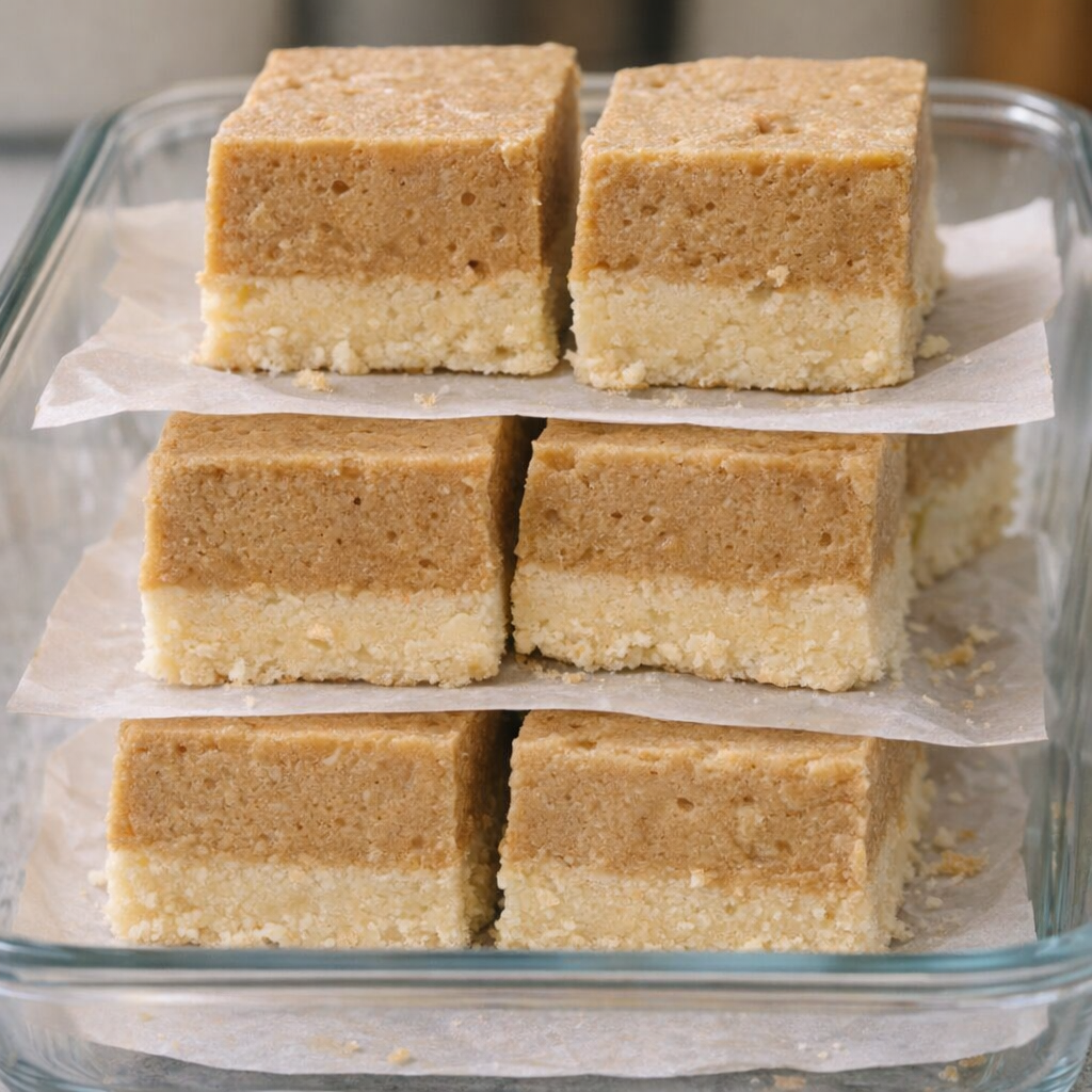 Cut fudge squares stacked in a storage container with parchment