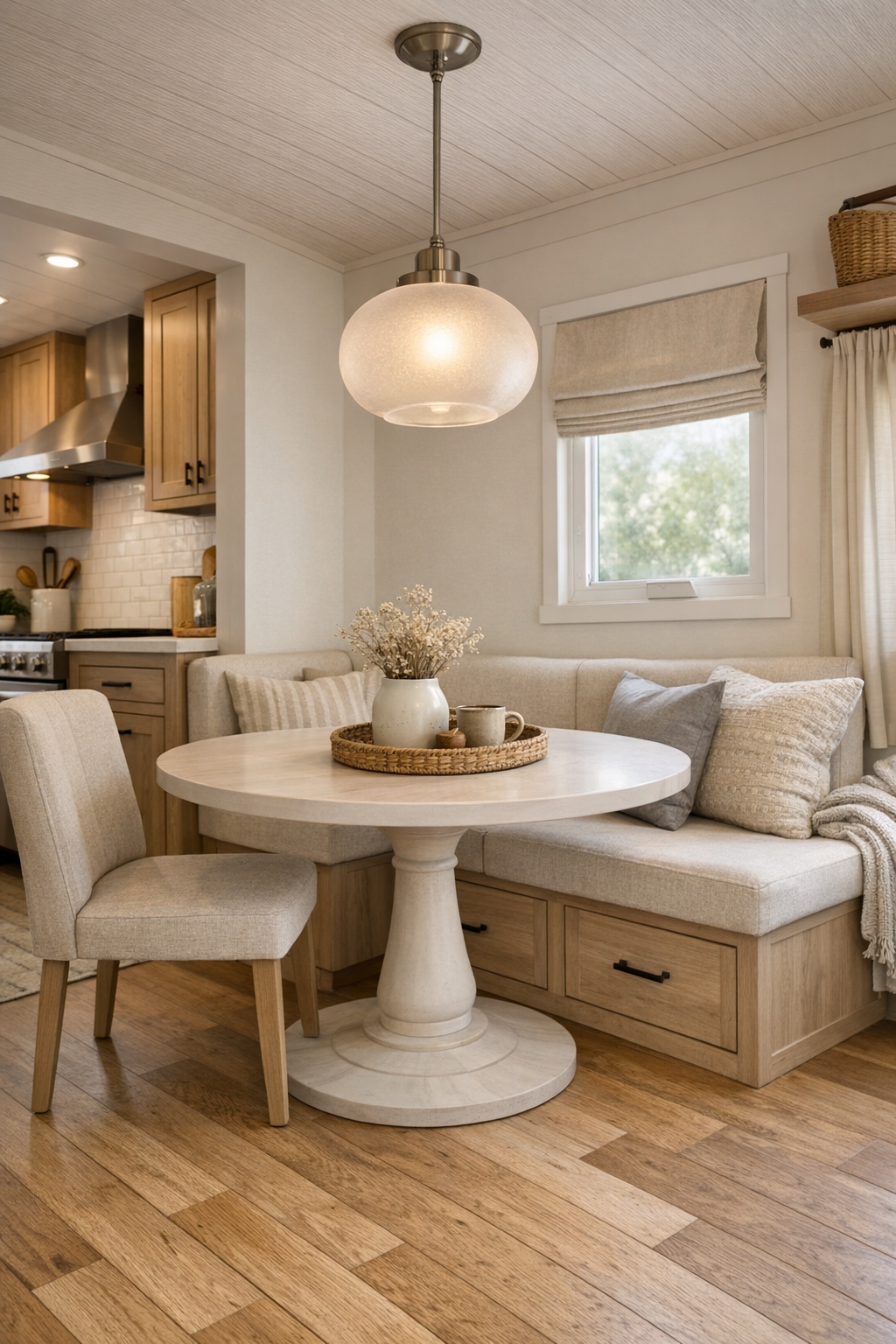 Tiny home dining area with round pedestal table, upholstered chairs, and warm pendant lighting
