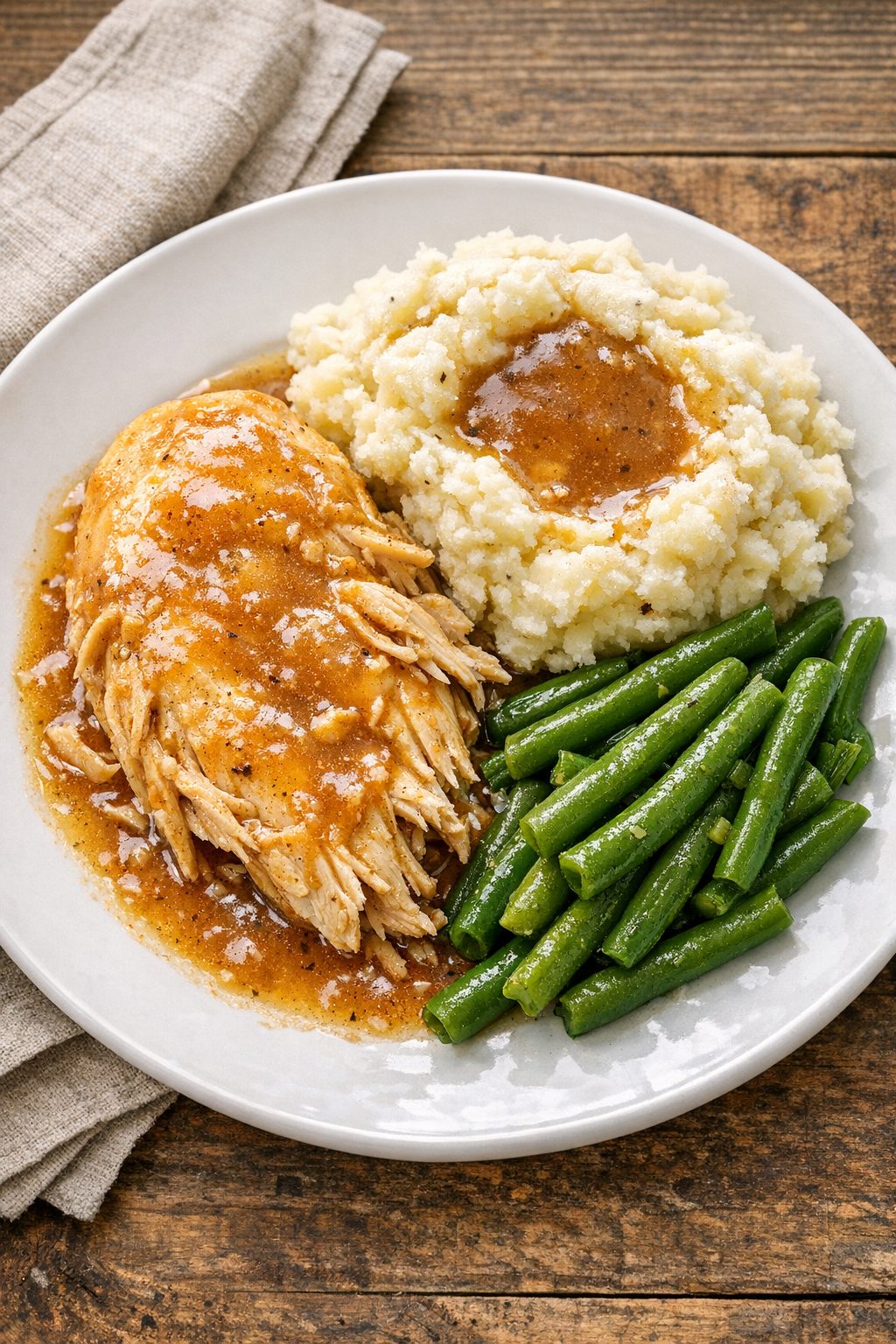 Finished slow cooker chicken plated with sauce
