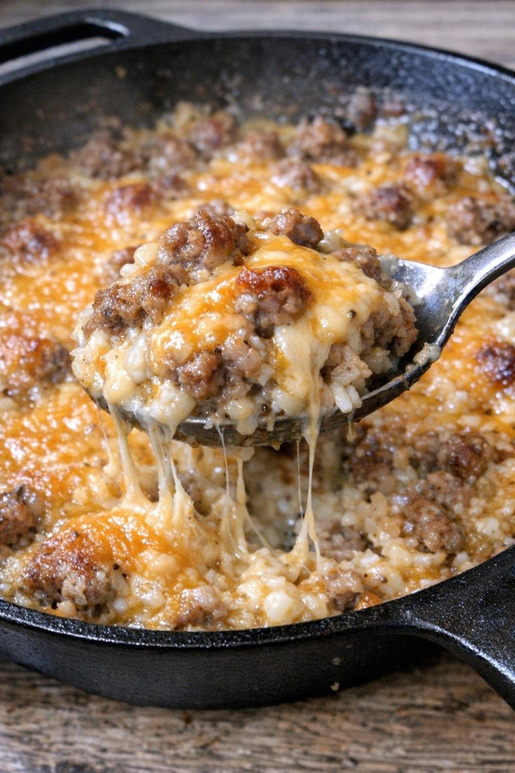 Browned sausage and melted cheddar bubbling in a cast iron skillet