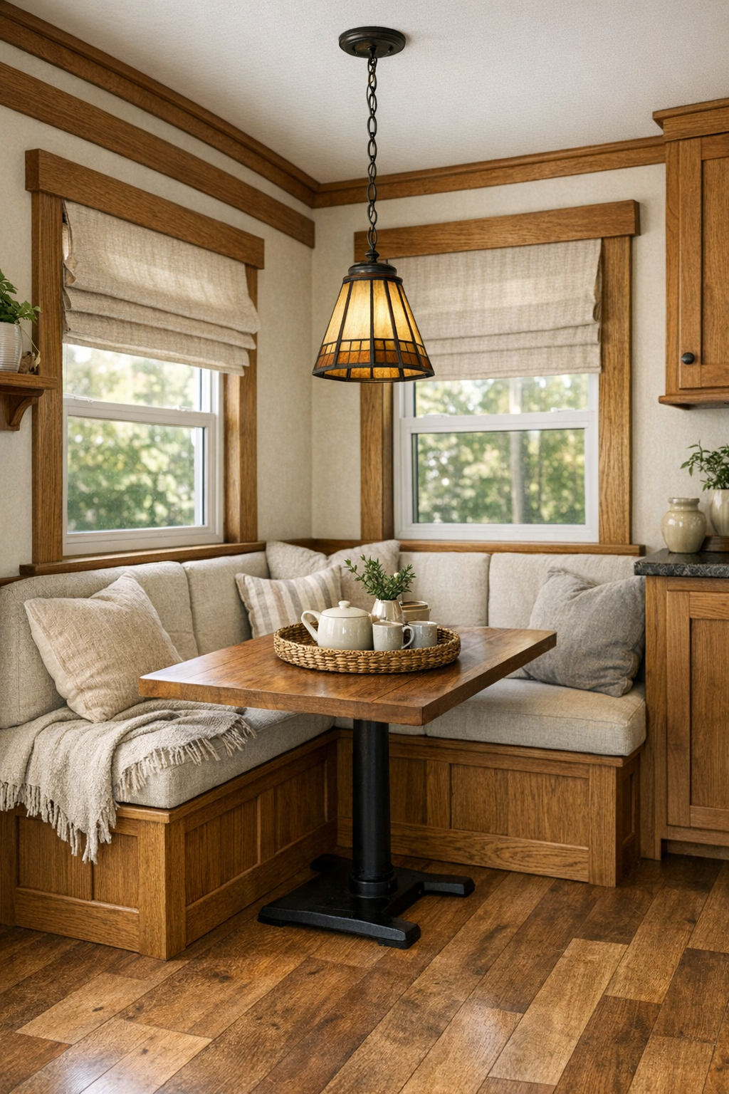 Cozy dining nook with built-in banquette, craftsman wood detailing, and soft neutral textiles