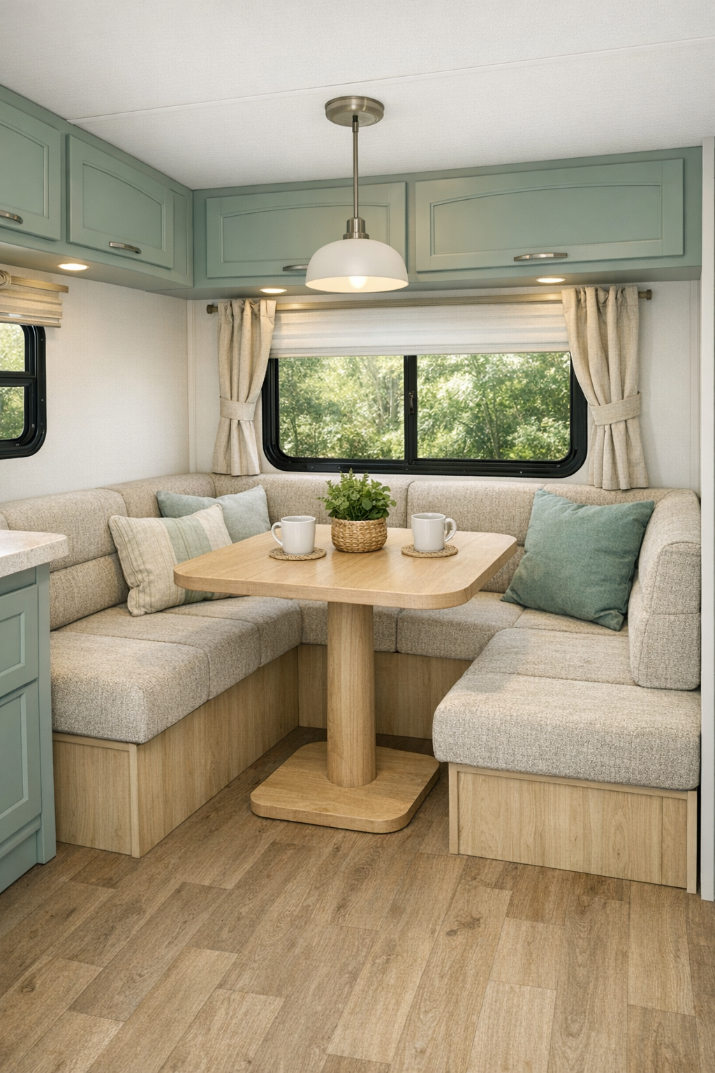 Compact RV dining nook with banquette seating and pedestal table