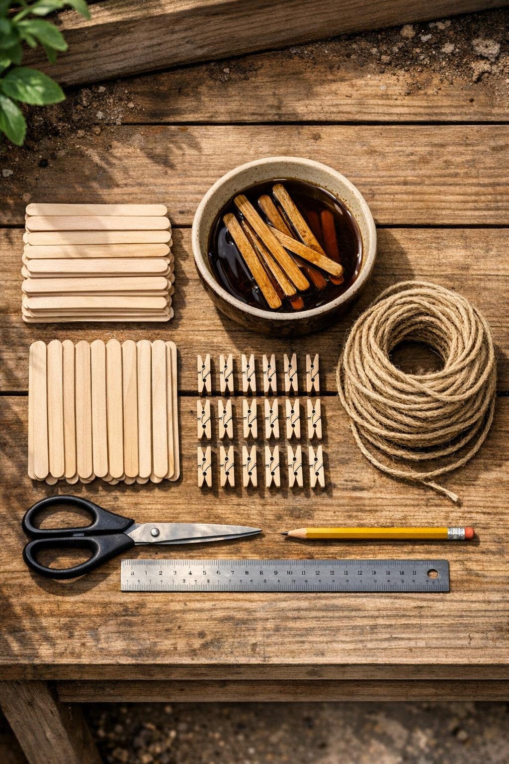 Materials for a popsicle stick herb drying rack laid out on a potting bench