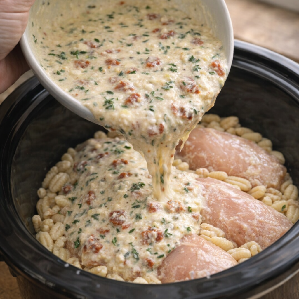 Goat cheese sauce being poured into slow cooker