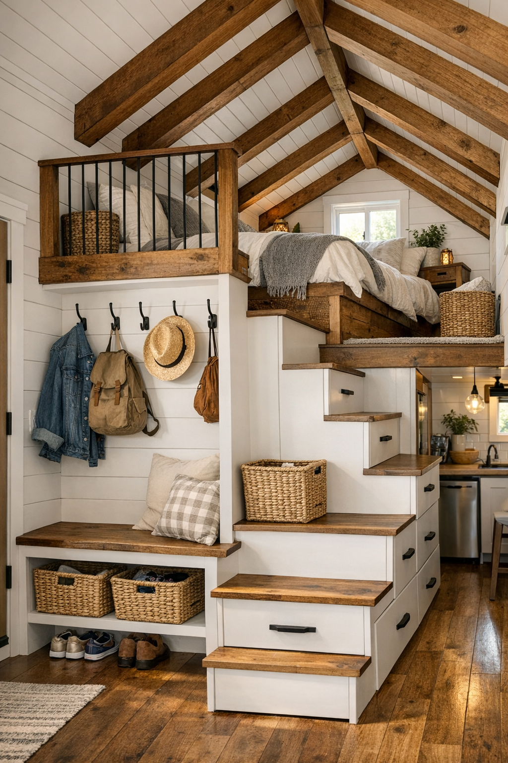 Tiny home entry and loft details with built-in bench, wood storage, and exposed gable structure