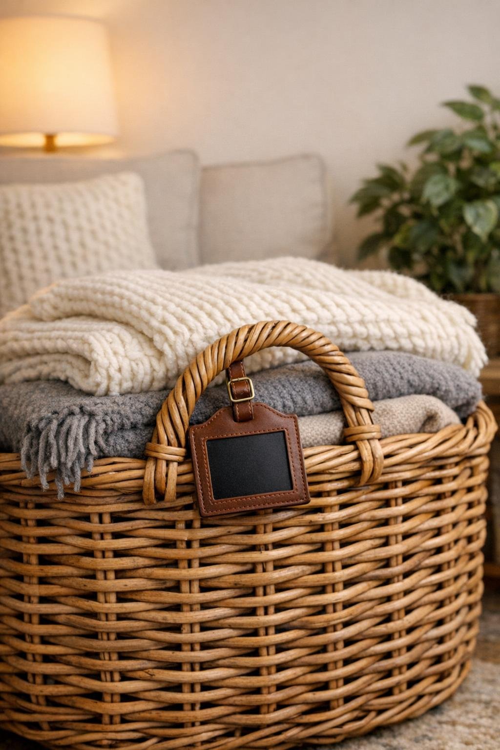 Finished blanket basket tag clipped onto a wicker basket handle in a cozy living room