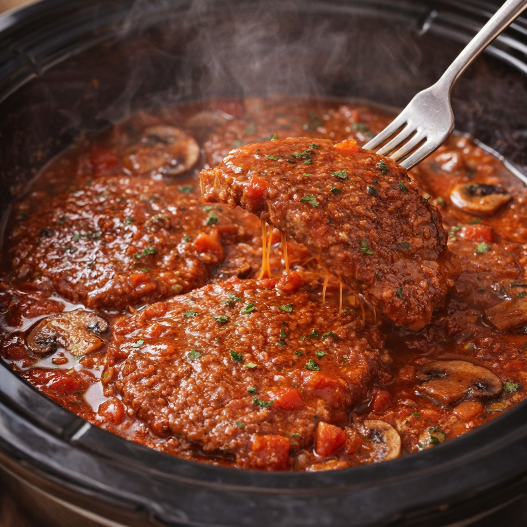 Fork-tender Swiss steak inside the slow cooker
