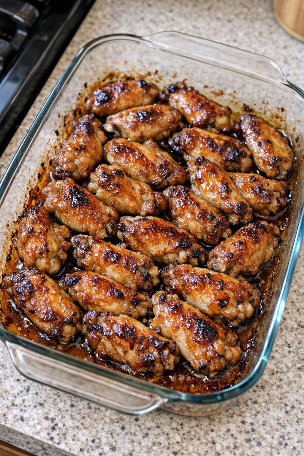 Finished baked chicken wingettes in a glass casserole dish
