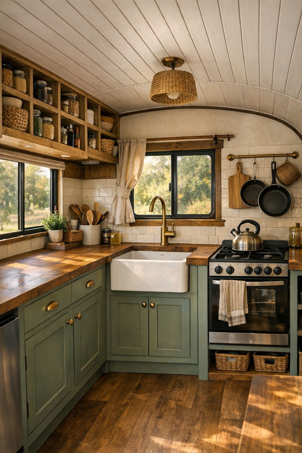 Cozy bus kitchen with sage cabinetry, butcher block counters, and a farmhouse sink