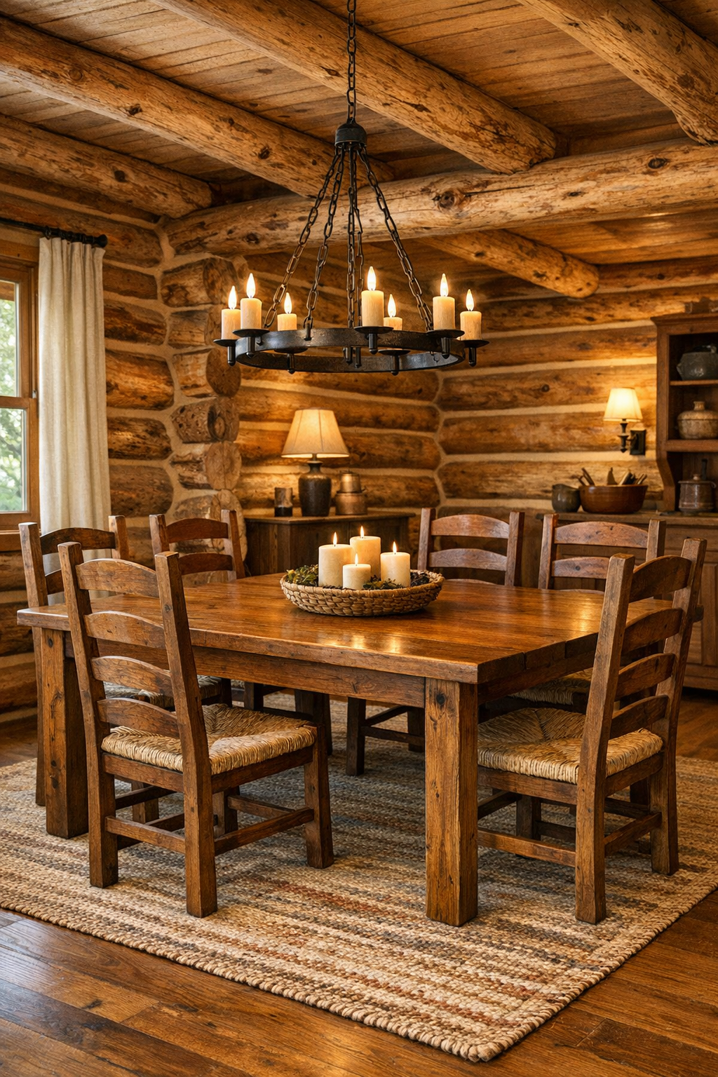 Rustic dining room with solid wood table, ladder-back chairs, and iron chandelier