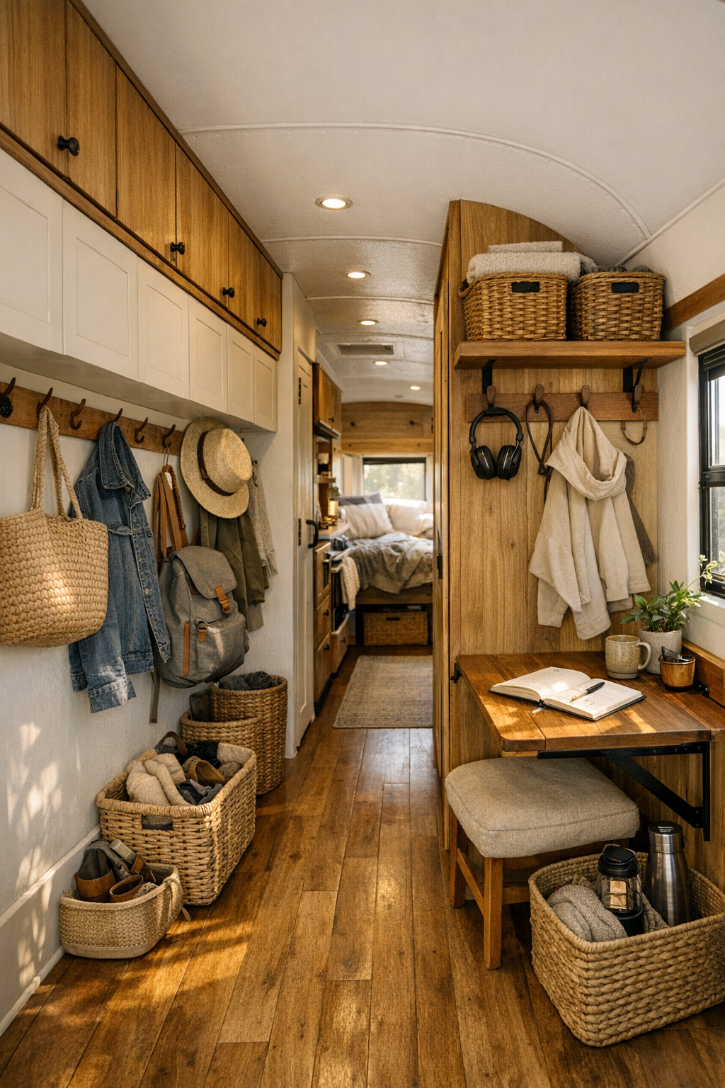 Smart bus hallway and multipurpose nook with built-in storage and warm neutral finishes