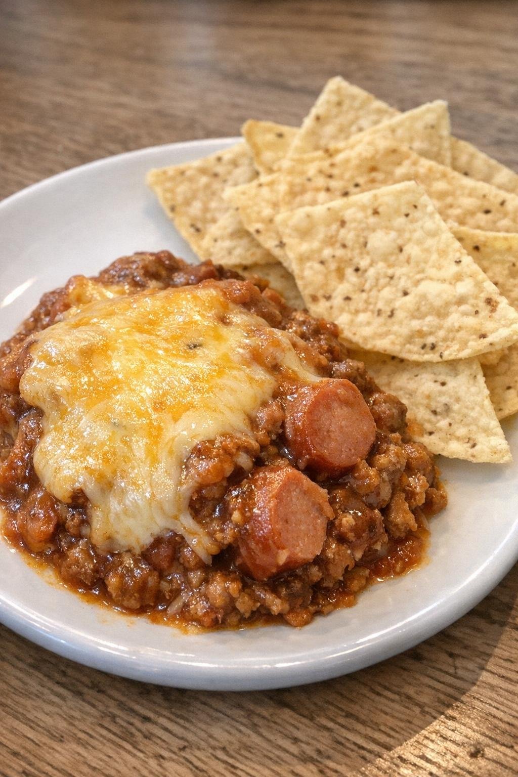 Slow cooker chili cheese hot dog dip served with tortilla chips