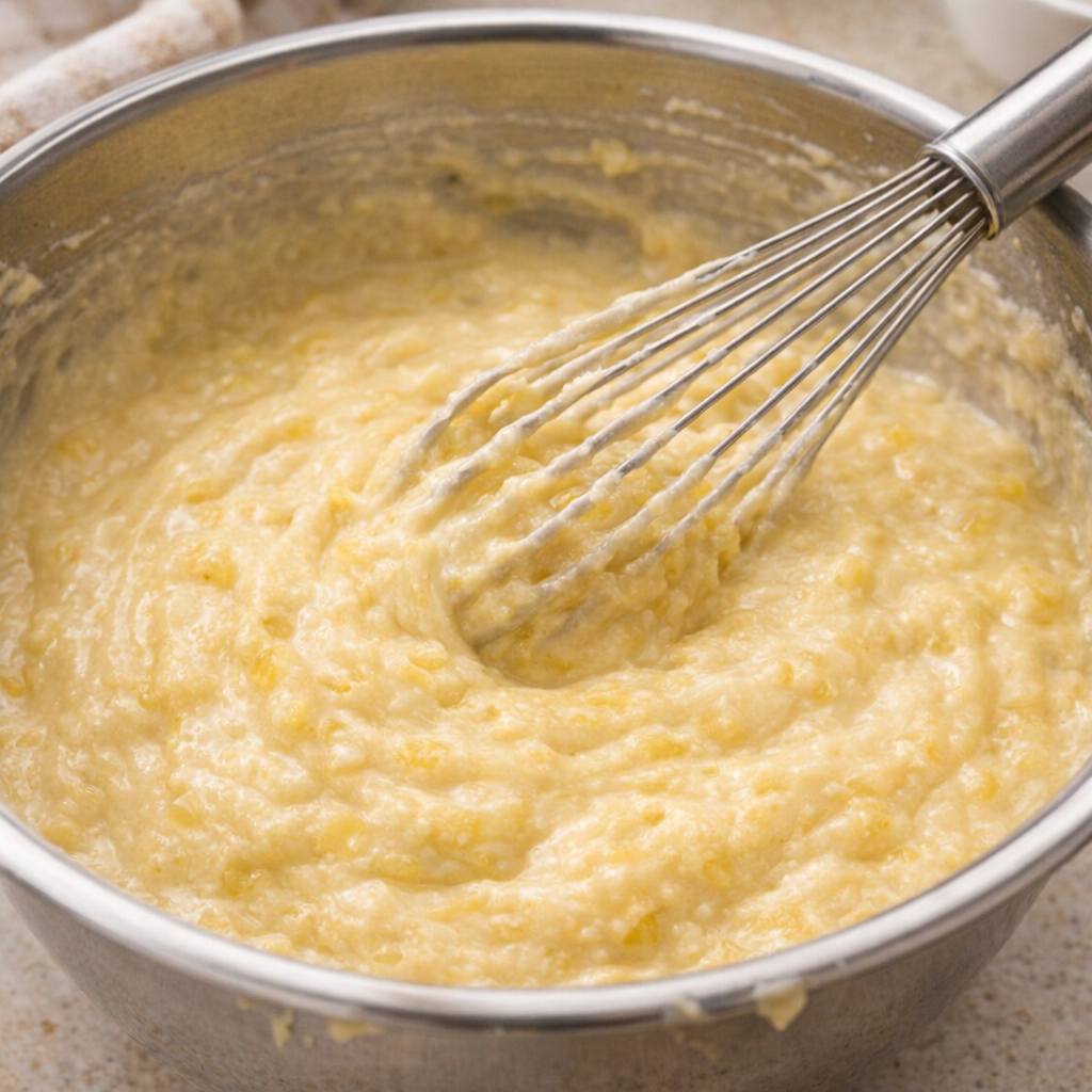 Thick glossy cake batter in a mixing bowl