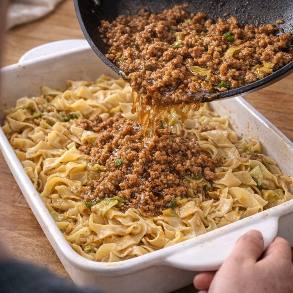 Ground pork and sauce being poured over pasta in a baking dish