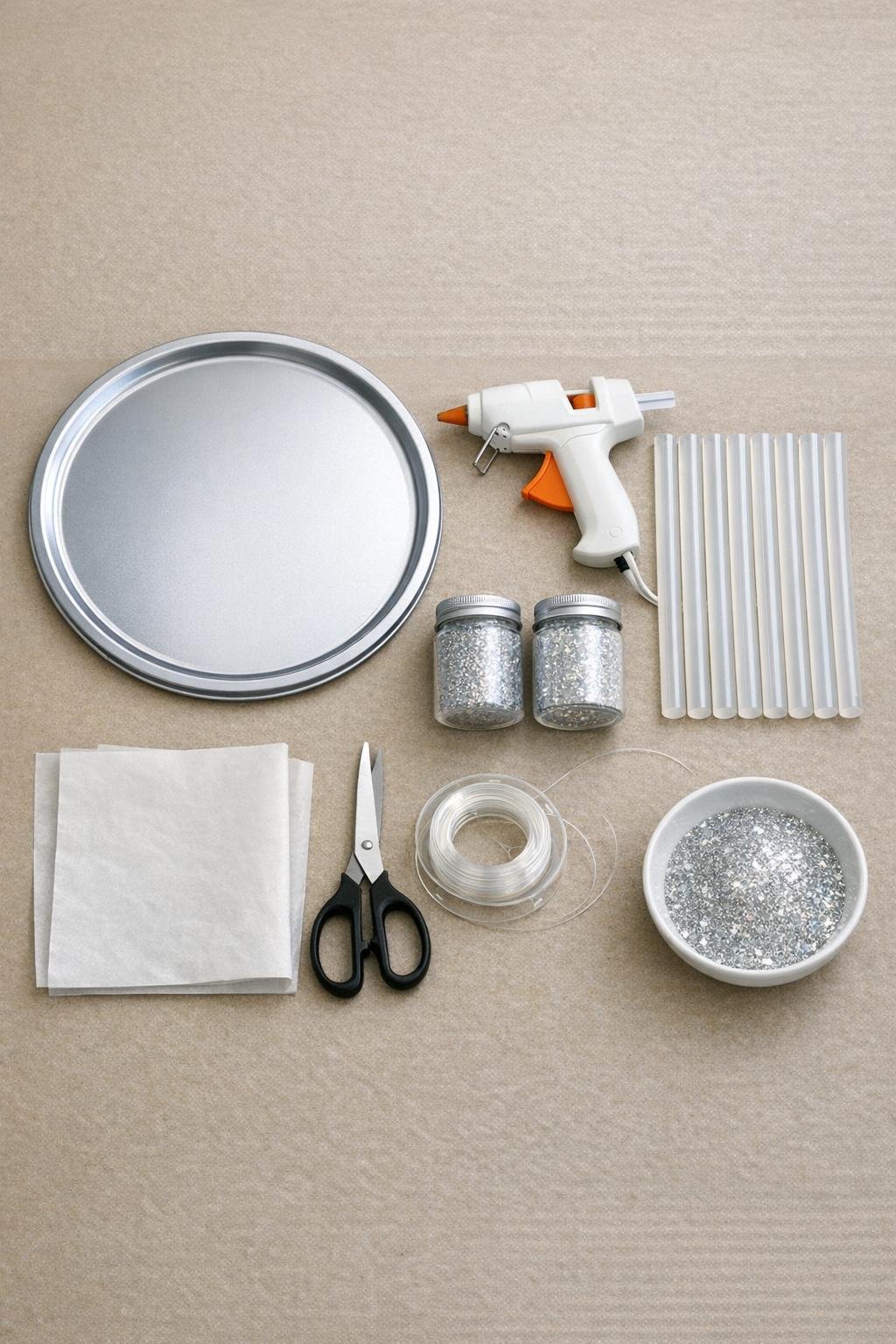 Materials for a hot glue pizza pan snowflake laid out on a craft table