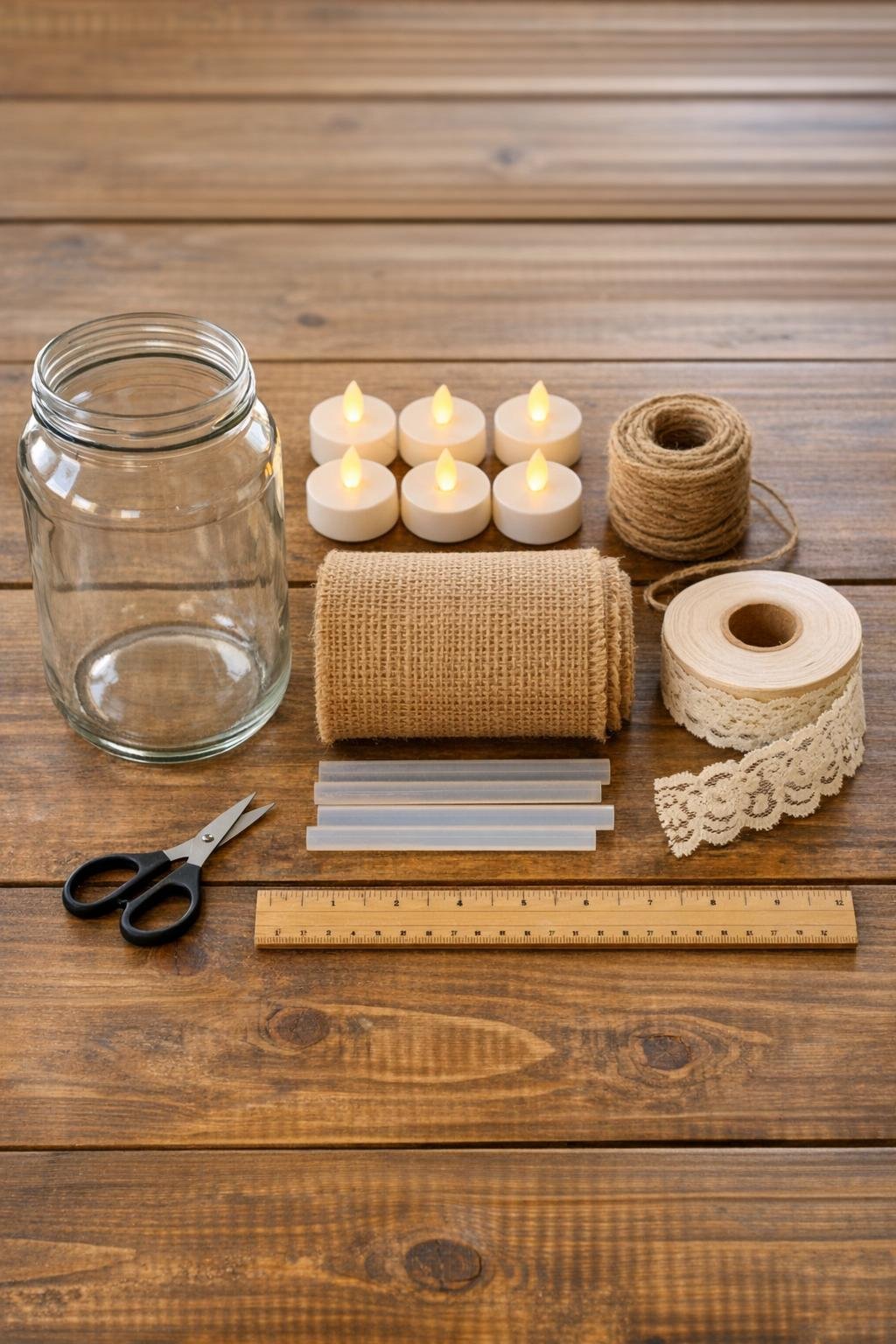 Materials for a burlap-wrapped pickle jar luminary laid out neatly