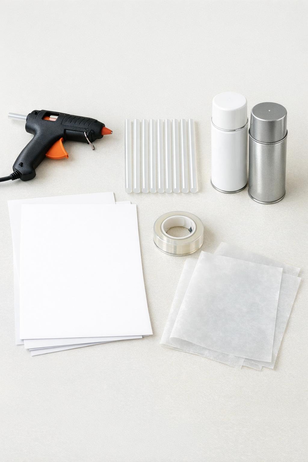 Materials for making hot glue lattice cone trees laid out on a craft table