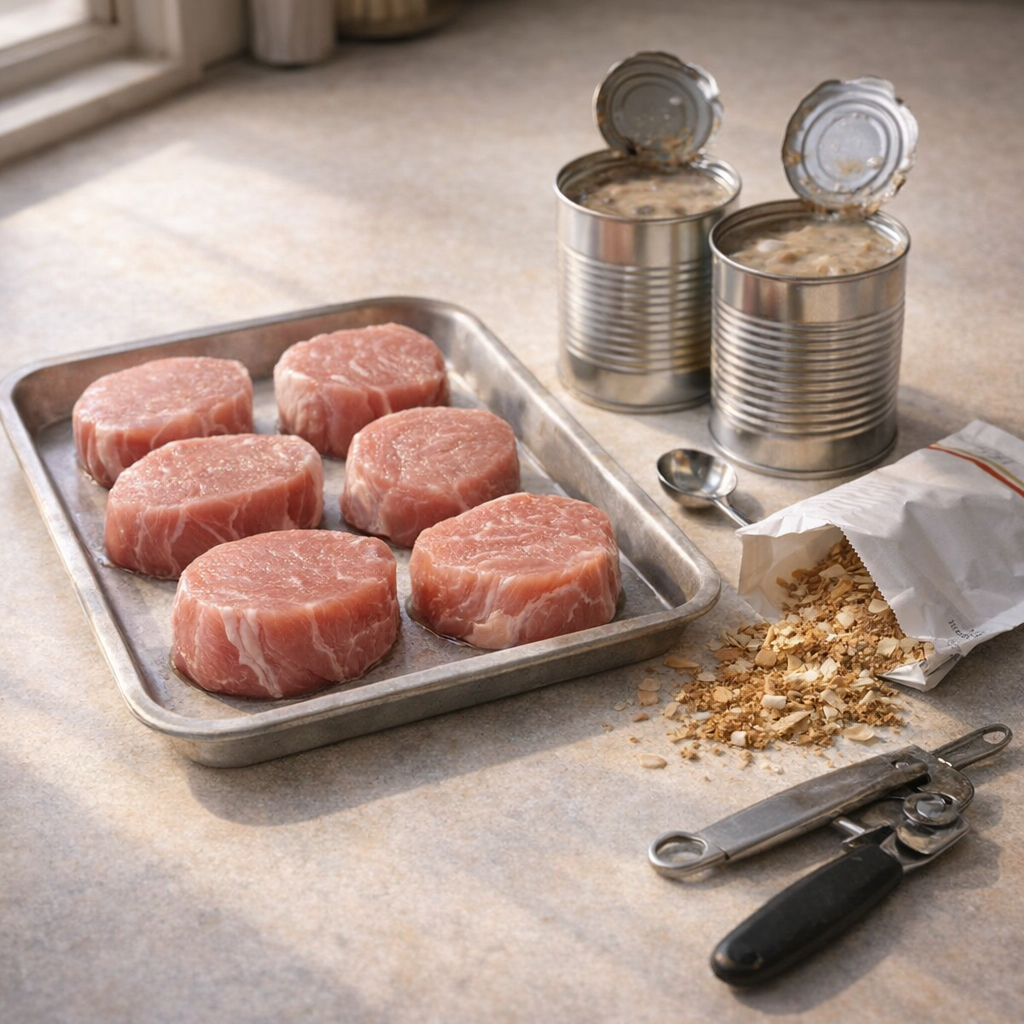 Three ingredients arranged for slow cooker dinner