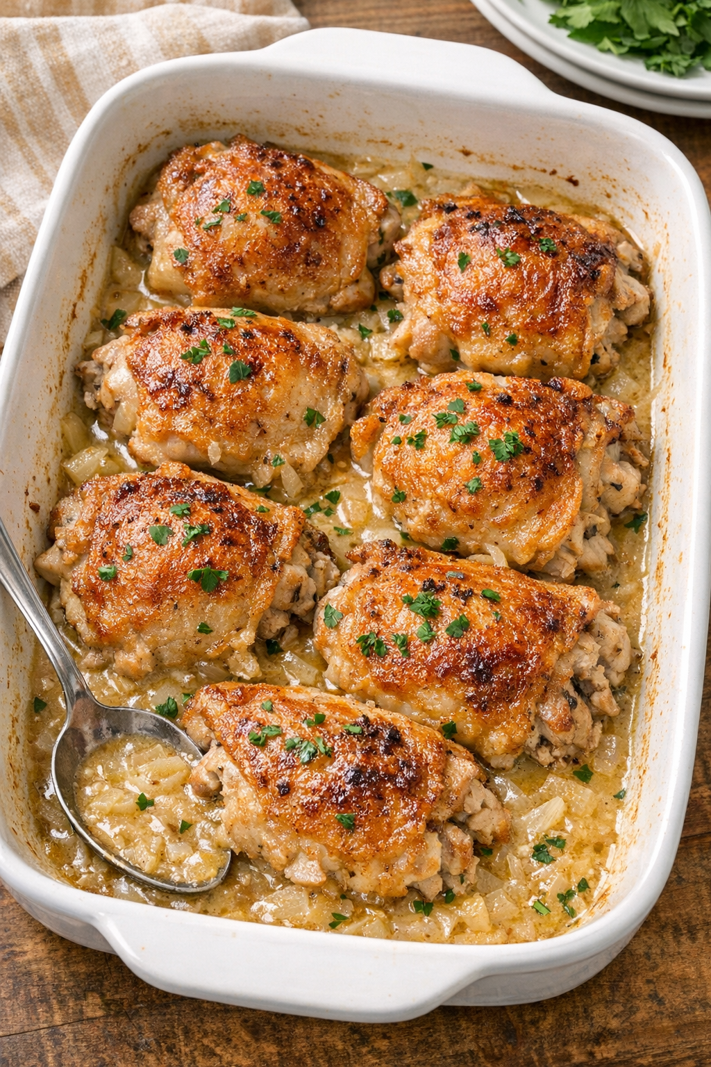 Baked chicken thighs in creamy onion gravy