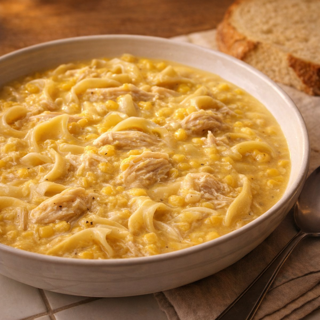 A bowl of chicken corn noodle supper ready to serve