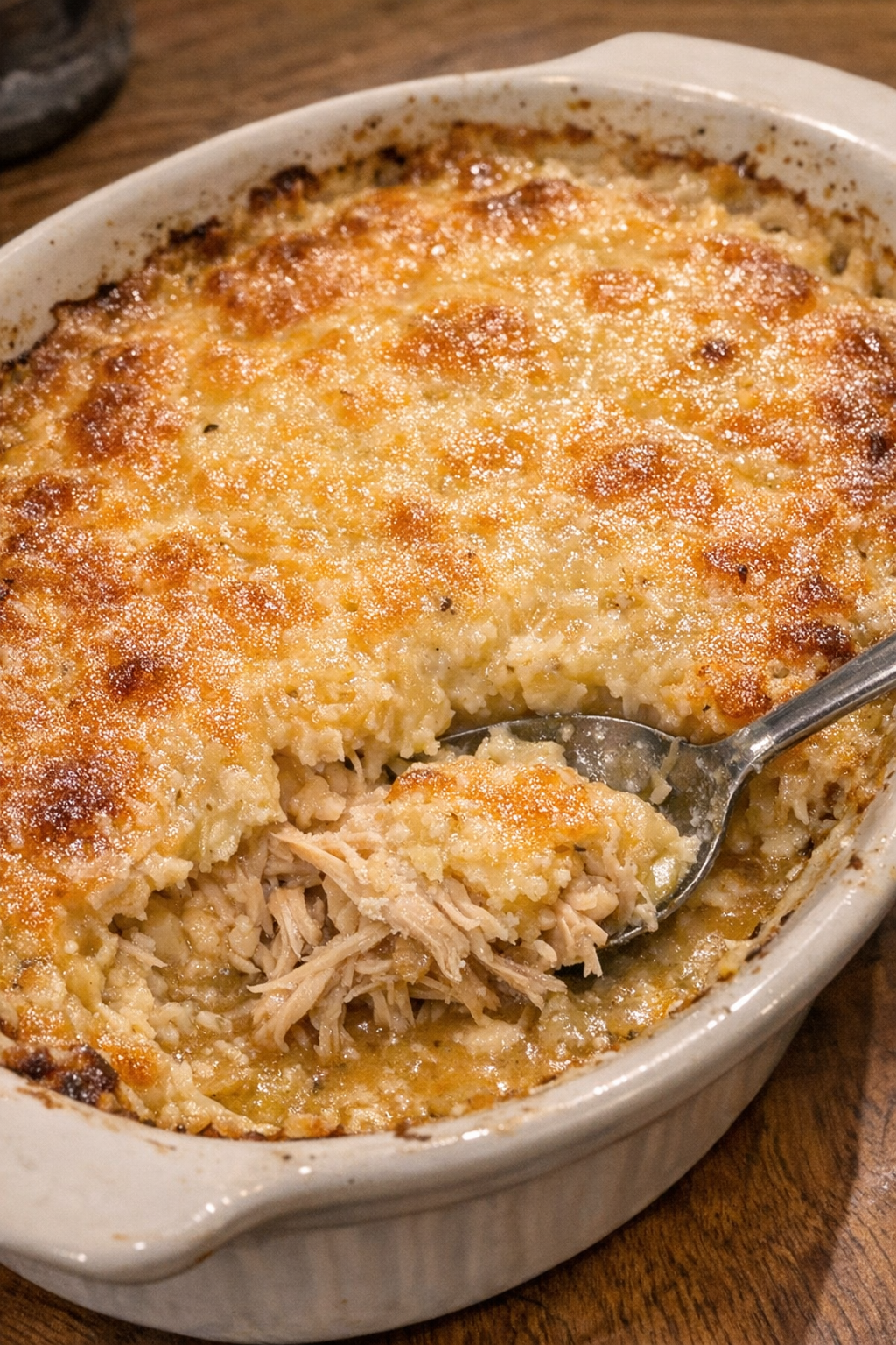 Succulent roasted food concealed under a bubbling golden layer in a ceramic baking dish