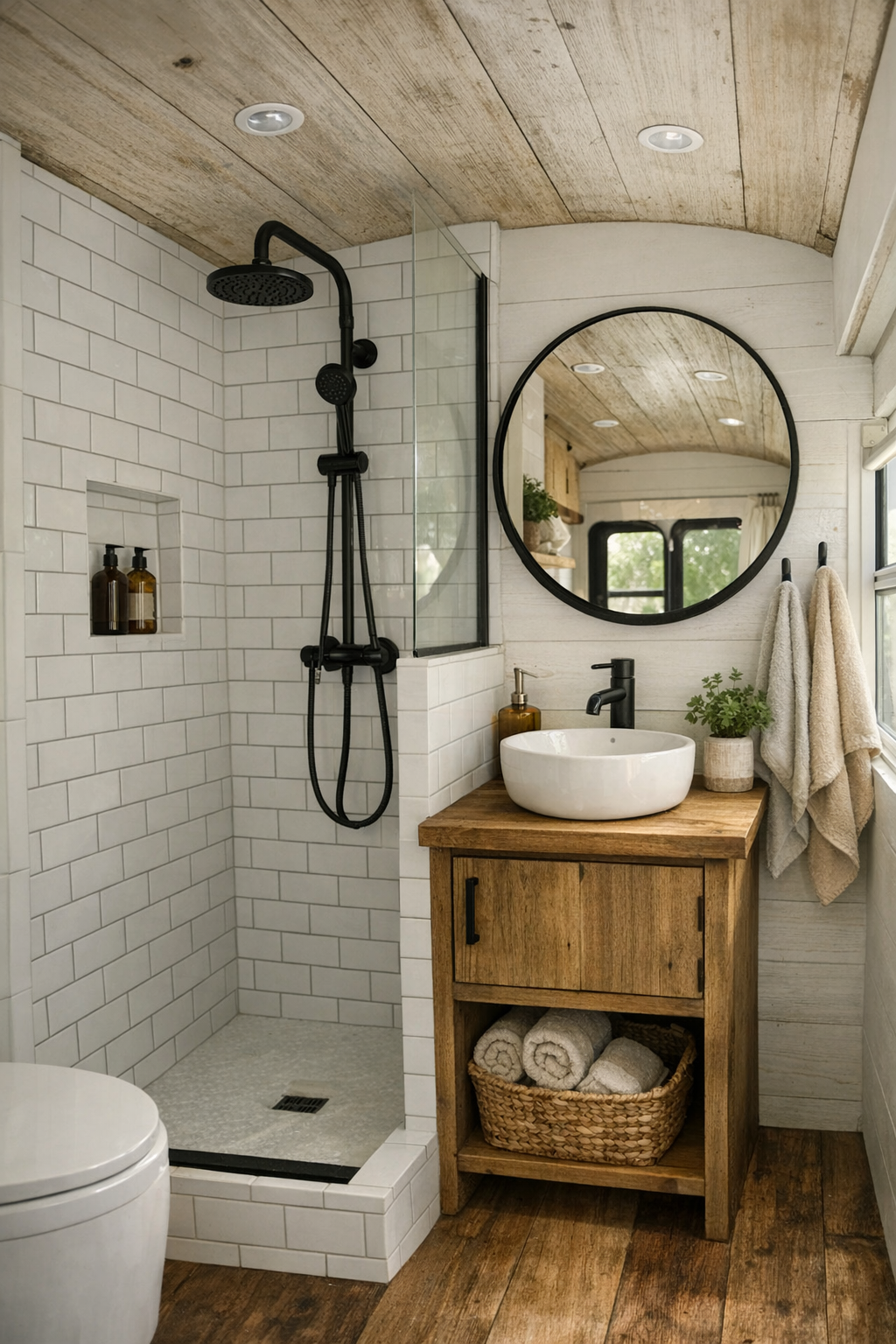 Small rustic bathroom in the bus with a walk-in shower and wood vanity