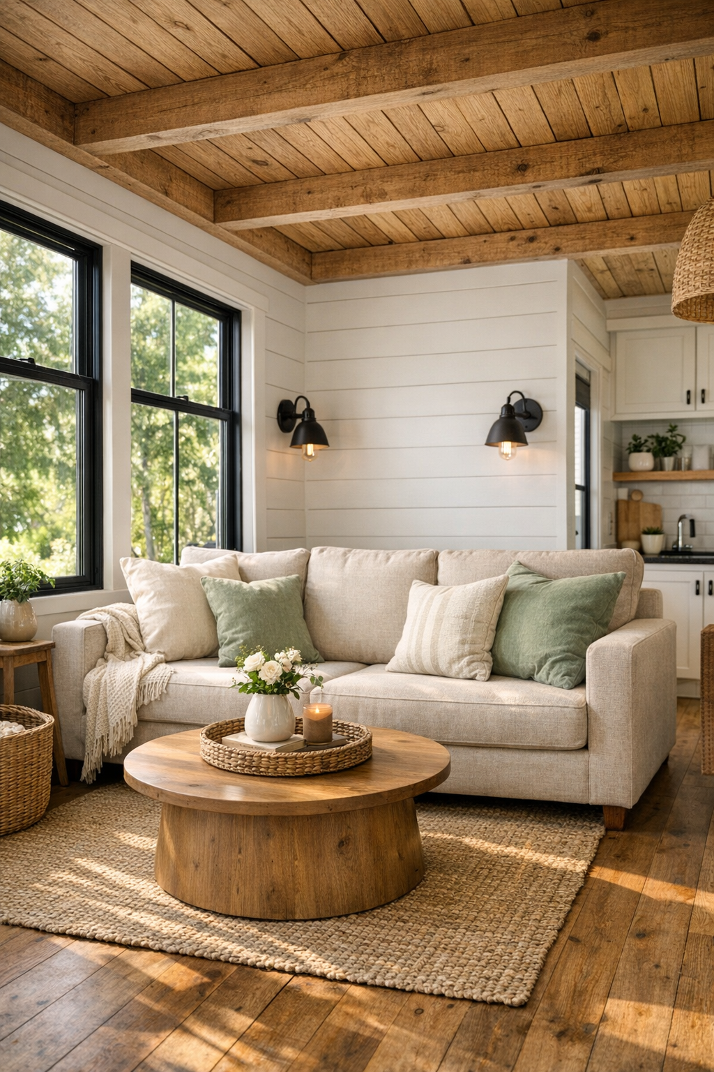 Bright farmhouse RV living room with linen sofa, wood beams, and layered neutral textures