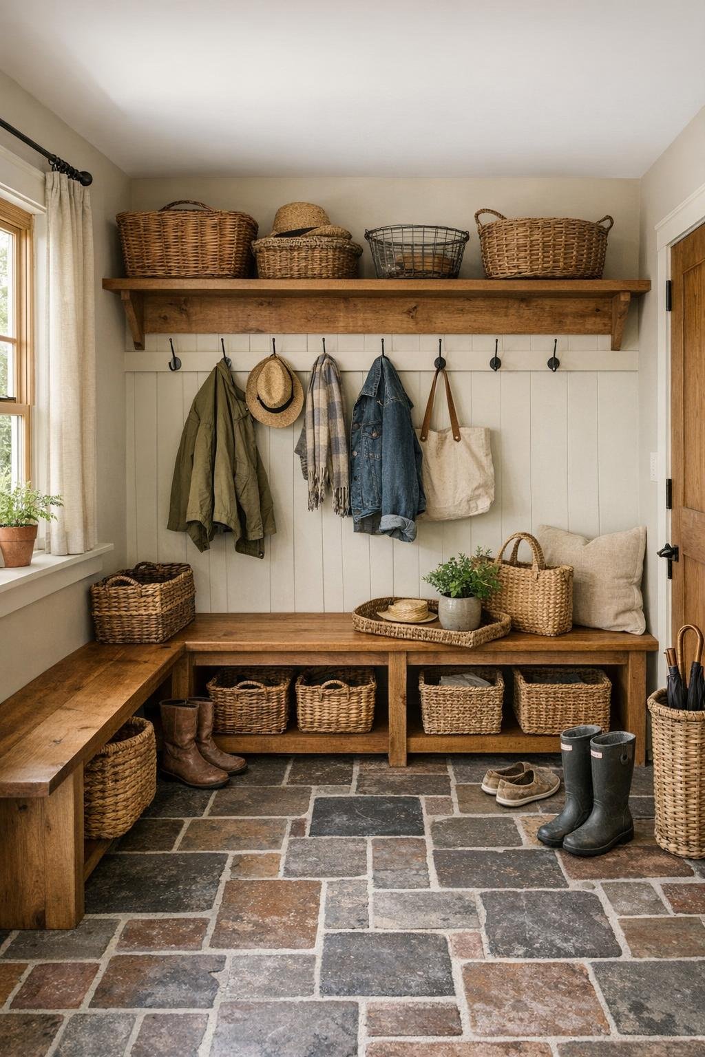 Thoughtful farmhouse mudroom with built-in bench, pegs, baskets, durable flooring, and warm natural light