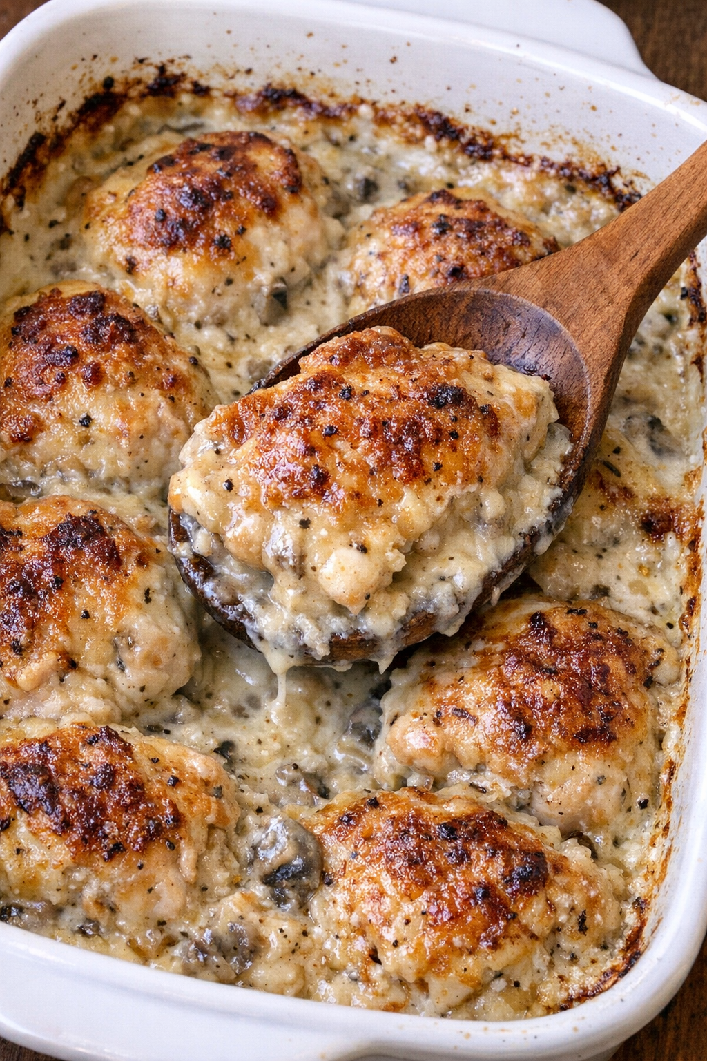 Golden brown chicken casserole in a white ceramic dish