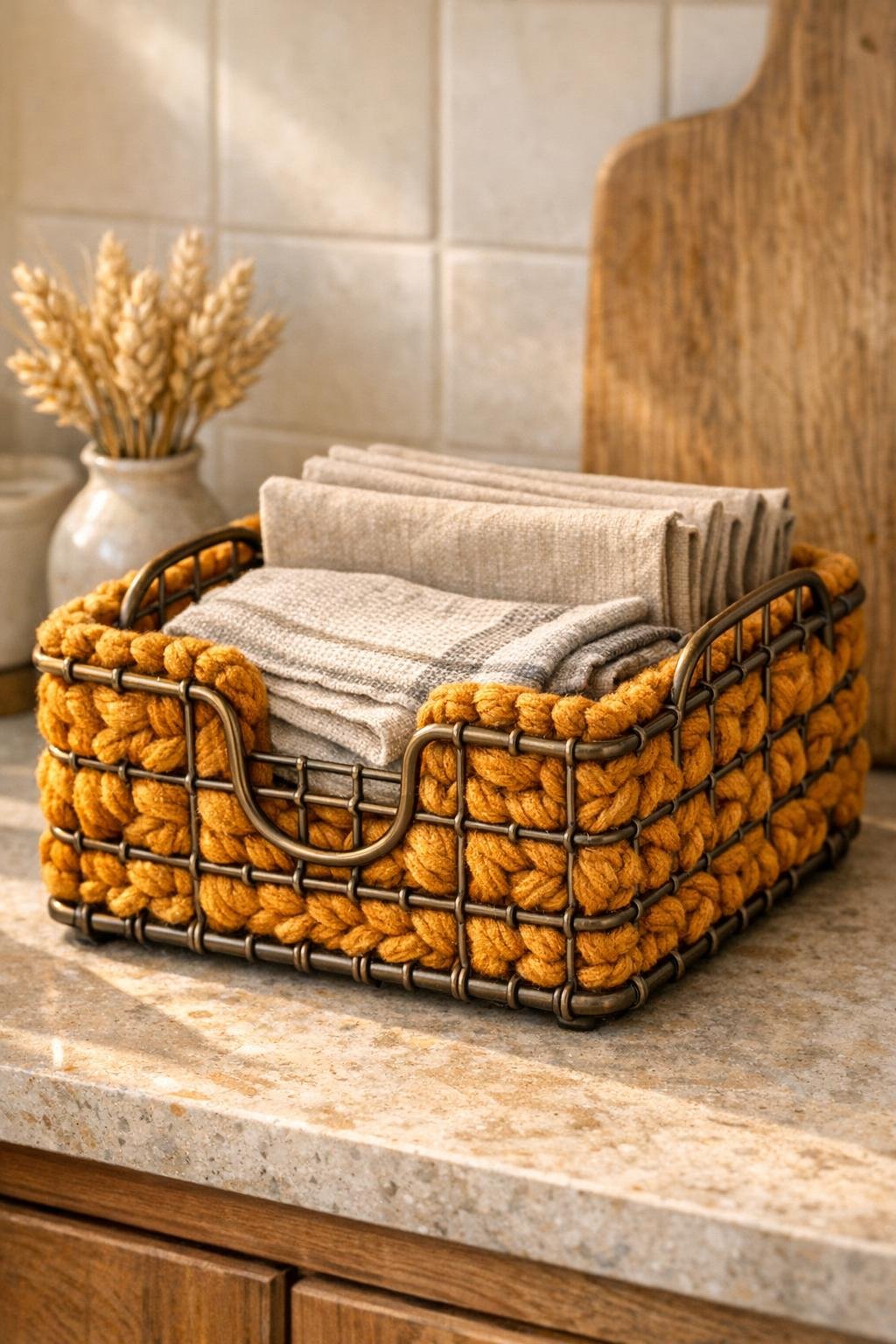 Finished decorative basket made from a crocheted wire napkin holder