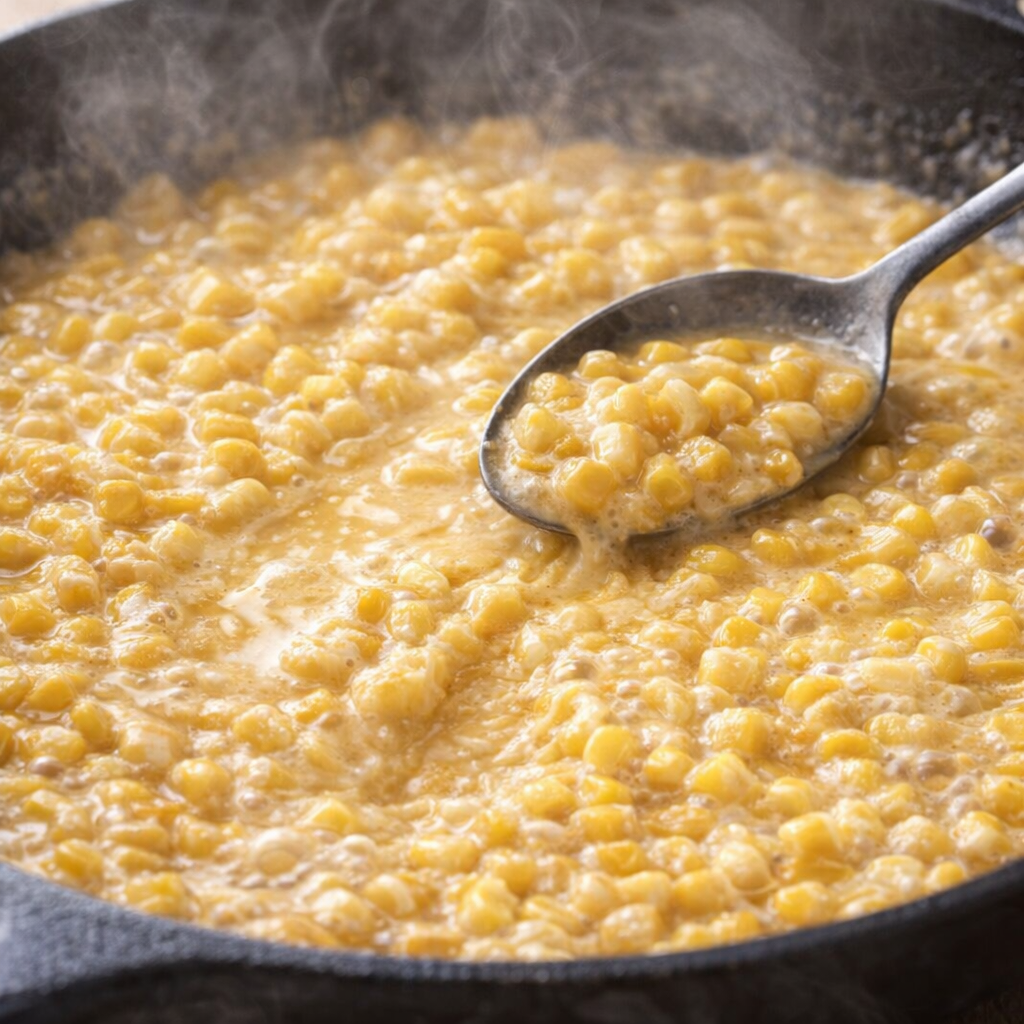 Creamy corn simmering in a glossy sauce