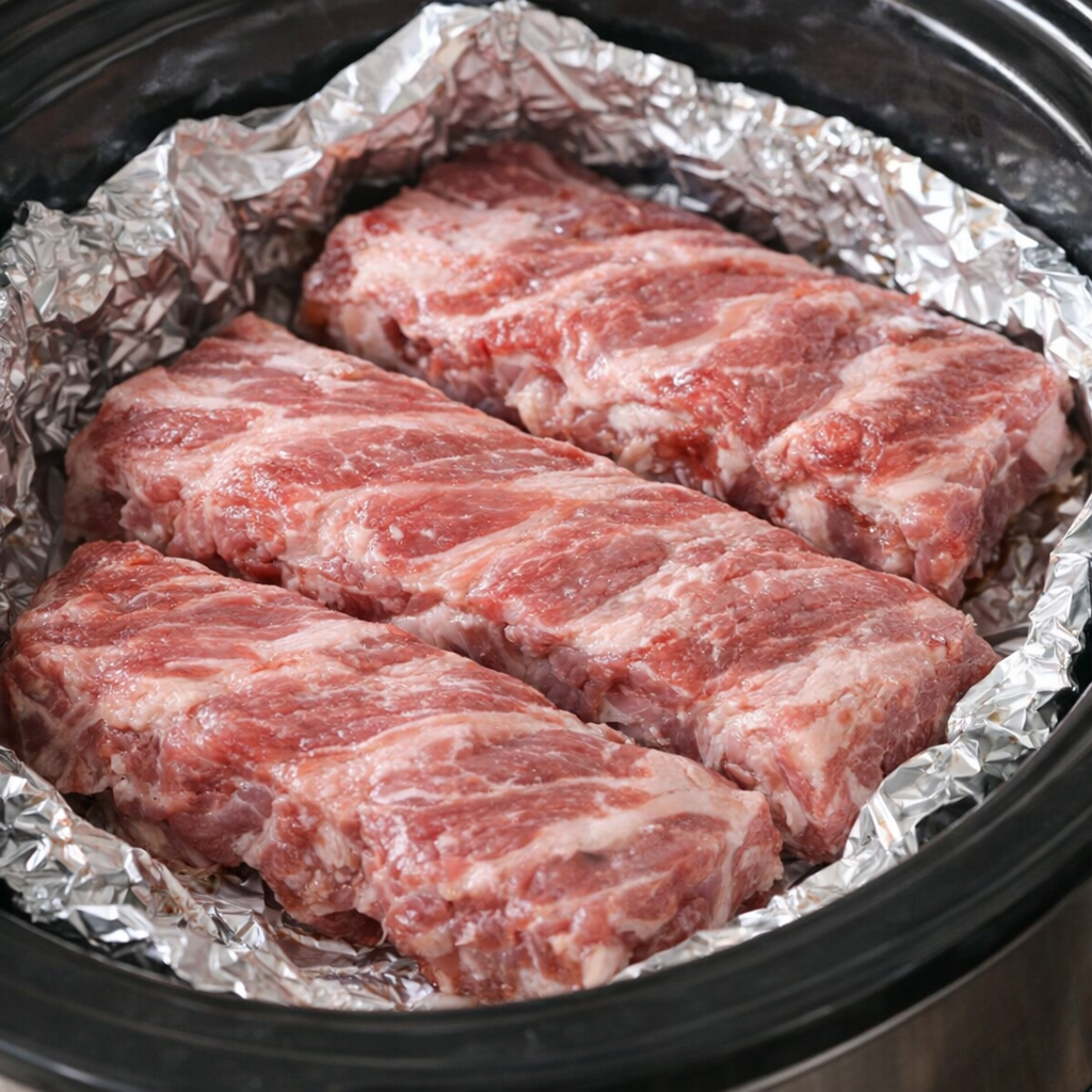 Raw ribs arranged in a foil-lined slow cooker