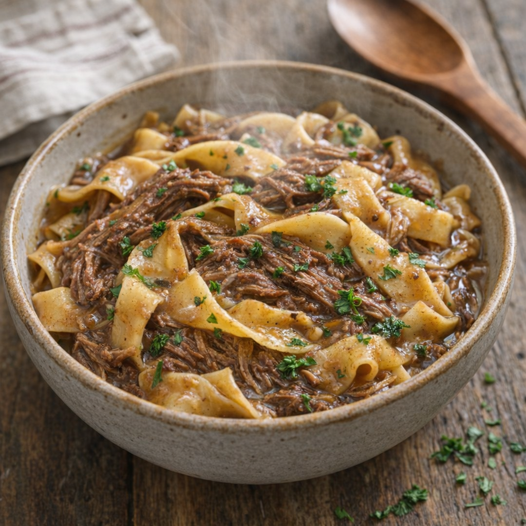 Slow cooker beef and noodles served in a rustic bowl