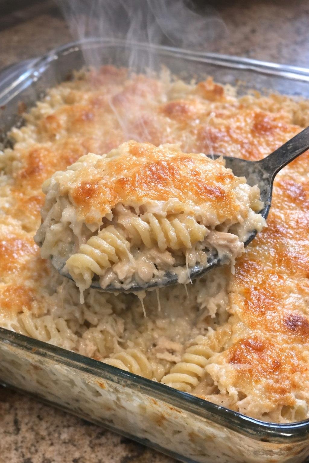 Creamy chicken pasta bake with golden cheese topping