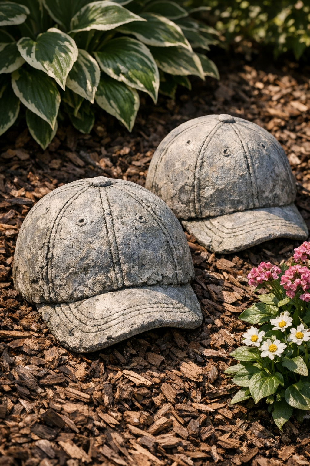 Two finished cement garden shell domes displayed in a flower bed