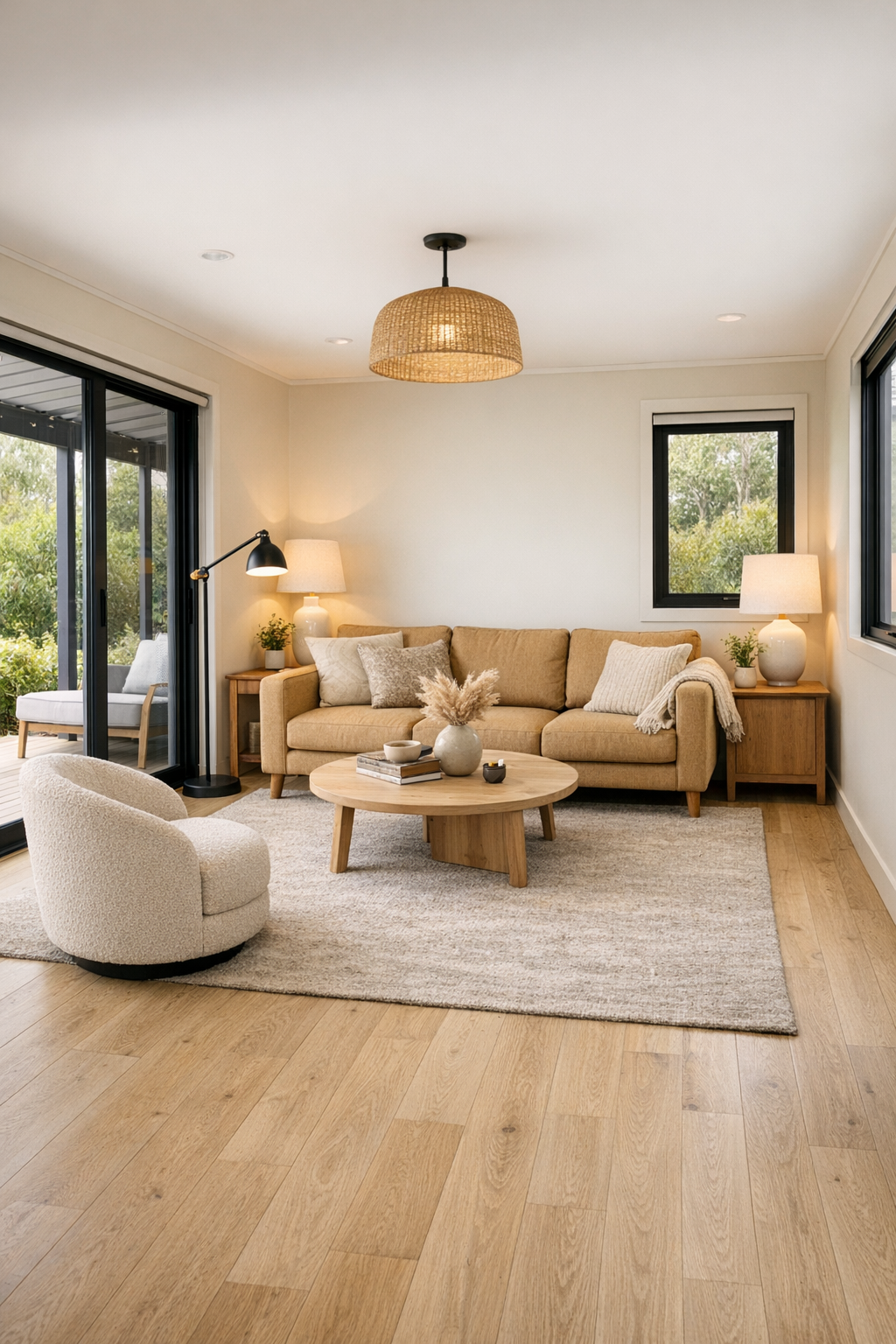 Warm accessible container home living room with pale oak floors and wheat-toned seating